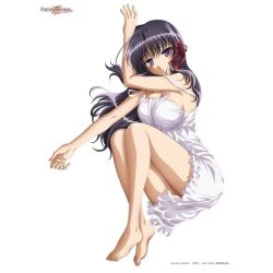 Rule 34 | 1girl, arm up, artist request, babydoll, bare shoulders, barefoot, black hair, blunt bangs, breasts, copyright notice, feet, fetal position, fortune arterial, full body, kuze kiriha, large breasts, legs, looking at viewer, lying, purple eyes, simple background, strap slip, toes, white background
