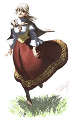 Rule 34 | 1girl, alma beoulve, blonde hair, breasts, cape, final fantasy, final fantasy tactics, grass, long hair, long sleeves, looking at viewer, parted lips, ransei, red skirt, running, shirt, simple background, skirt, smile, solo, white background, white shirt