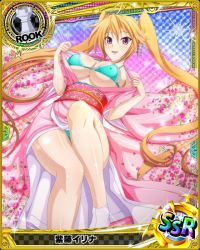 Rule 34 | 1girl, bikini, blush, breasts, card (medium), character name, chess piece, cleavage, closed mouth, covered erect nipples, female focus, high school dxd, japanese clothes, kimono, large breasts, long hair, looking at viewer, official art, orange hair, purple eyes, rook (chess), shidou irina, solo, swimsuit, trading card, twintails, underboob, very long hair