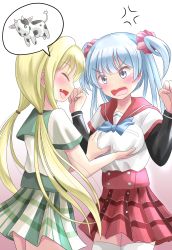 Rule 34 | 1girl, 2girls, absurdres, blonde hair, blue eyes, blue hair, breasts, chuo academy school uniform, good meat day, groping, highres, large breasts, long hair, magia record: mahou shoujo madoka magica gaiden, mahou shoujo madoka magica, minami rena, mitsuki felicia, multiple girls, open mouth, school uniform, scrunchie, skirt, smile, twintails, two side up, zakiwo (rrxn8224)