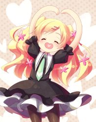 Rule 34 | 10s, 1girl, arms up, black pantyhose, blonde hair, blueberry (5959), cordelia glauca, dress, closed eyes, flower, hair flower, hair ornament, hairclip, happy, heart, heart in mouth, highres, long hair, necktie, open mouth, pantyhose, smile, solo, tantei opera milky holmes