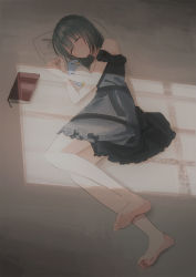 Rule 34 | 1girl, bare shoulders, barefoot, black dress, black hair, blush, book, bookmark, borrowed character, chihuri, closed eyes, closed mouth, dress, full body, hair between eyes, hands up, highres, lying, off-shoulder dress, off shoulder, on side, original, pillow, short hair, sleeping, solo, stuffed animal, stuffed penguin, stuffed toy