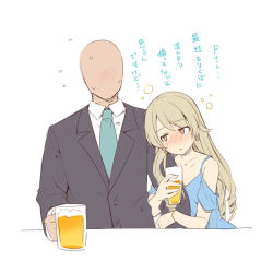 Rule 34 | 1boy, 1girl, aged up, alcohol, alternate hair length, alternate hairstyle, arm hug, bad id, bad pixiv id, bare shoulders, beer, beer mug, black jacket, blouse, blue dress, blush, brown eyes, brown hair, clothing cutout, collarbone, collared shirt, cup, dress, drinking glass, drunk, earrings, faceless, faceless male, flying sweatdrops, formal, green neckwear, holding, holding cup, idolmaster, idolmaster cinderella girls, jacket, jewelry, long hair, long sleeves, morikubo nono, mug, necktie, nose blush, ringlets, shirt, shoulder cutout, simple background, squeans, suit, sweat, translation request, uccow, very long hair, white background, white shirt