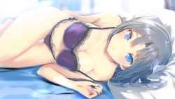 Rule 34 | 1girl, bad id, bad pixiv id, bare hips, bare legs, bare shoulders, barefoot, blue eyes, blush, bra, breasts, cleavage, grey hair, hair ribbon, hand on thigh, large breasts, legs, legs together, lingerie, looking to the side, lying, morning, nails, on bed, panties, pillow, pov across bed, ribbon, senran kagura, sexually suggestive, short hair, sideboob, smile, solo, thick thighs, thigh gap, thighs, underwear, underwear only, waking up, yaegashi nan, yumi (senran kagura)