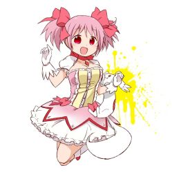 Rule 34 | 10s, 1girl, :d, abekawa, alternate breast size, bow, breasts, bubble skirt, cleavage, gloves, hair bow, kaname madoka, kyubey, large breasts, mahou shoujo madoka magica, mahou shoujo madoka magica (anime), open mouth, pink hair, puffy sleeves, red eyes, short sleeves, simple background, skirt, smile, twintails, white background, white gloves