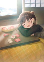 Rule 34 | 1girl, :d, artist name, black sweater, blush, breasts, brown hair, closed eyes, commentary request, day, double bun, dress, food, hair bun, highres, idolmaster, idolmaster shiny colors, indoors, kotatsu, long sleeves, medium breasts, open mouth, plaid, plaid dress, shirt, sitting, sleeping, smile, solo, sonoda chiyoko, soramame tomu, sweater, table, translation request, window