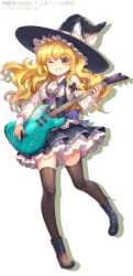 Rule 34 | 1girl, ;d, black hat, black thighhighs, blonde hair, blunt bangs, boots, bow, capura lin, floating hair, full body, grin, hair between eyes, hat, hat bow, highres, holding, holding instrument, instrument, kirisame marisa, layered skirt, long hair, music, one eye closed, open mouth, playing instrument, shirt, simple background, skirt, smile, solo, standing, thighhighs, touhou, very long hair, white background, white bow, white shirt, witch hat, yellow eyes