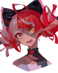 Rule 34 | 1girl, absurdres, ahoge, black bow, blood, blood from mouth, bow, colored skin, double bun, grey hair, grey skin, hair bow, hair bun, heterochromia, highres, hololive, hololive indonesia, kureiji ollie, misu (miisuuu), multicolored hair, open mouth, pink hair, red eyes, red hair, solo, stitched face, stitched torso, stitches, upper body, virtual youtuber, white background, yellow eyes, zombie