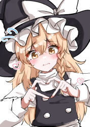 Rule 34 | 1girl, absurdres, black hat, blonde hair, bow, braid, closed mouth, commentary request, frilled hat, frills, hat, hat bow, heart, heart hands, heart hands duo, highres, kabi killer, kirisame marisa, long hair, long sleeves, looking at viewer, marisa day, side braid, simple background, single braid, solo, touhou, turtleneck, upper body, white background, white bow, yellow eyes