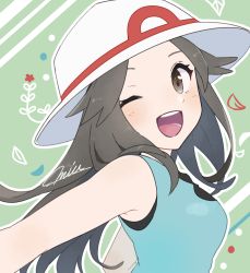 Rule 34 | 1girl, artist name, bare shoulders, blue shirt, blush, breasts, brown eyes, creatures (company), female focus, from side, game freak, green background, grey hair, happy, highres, leaf (pokemon), long hair, looking at viewer, miu (miuuu 721), nintendo, one eye closed, open mouth, outline, outstretched arm, pokemon, pokemon frlg, shirt, signature, sleeveless, sleeveless shirt, small breasts, smile, solo, teeth, upper body, white outline, wink