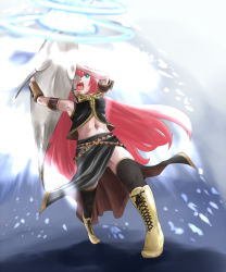 Rule 34 | armband, armpits, blue eyes, boots, fish, hamu no jin, knee boots, long hair, megurine luka, midriff, navel, open mouth, pink hair, skirt, solo, thighhighs, tuna, very long hair, vocaloid, weapon
