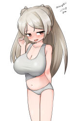 Rule 34 | 1girl, absurdres, arm behind back, breasts, brown eyes, casual one-piece swimsuit, cleavage, collarbone, conte di cavour (kancolle), dated, feet out of frame, grey hair, grey one-piece swimsuit, highres, kantai collection, large breasts, long hair, maru (marg0613), navel, one-hour drawing challenge, one-piece swimsuit, simple background, solo, swimsuit, tongue, tongue out, twitter username, two side up, white background