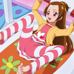 Rule 34 | 1girl, bad id, bad pixiv id, barefoot, brown eyes, brown hair, dokidoki! precure, feet, female focus, forehead, highres, long hair, madoka aguri, mont blanc (heartcatch ayaya), open mouth, ponytail, precure, smile, solo, spread legs, striped, toes