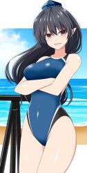 Rule 34 | 1girl, beach, black hair, blue hat, blue one-piece swimsuit, breasts, brown eyes, commentary request, commission, competition swimsuit, crossed arms, hat, highres, horizon, iizunamaru megumu, large breasts, long hair, looking at viewer, one-piece swimsuit, open mouth, outdoors, pointy ears, rise (rise19851203), second-party source, skeb commission, solo, swimsuit, tokin hat, touhou