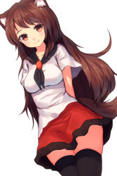 Rule 34 | 1girl, adapted costume, animal ear fluff, animal ears, arms behind back, black thighhighs, blush, breasts, brooch, brown hair, fang, fang out, highres, imaizumi kagerou, jewelry, long hair, looking at viewer, medium breasts, red eyes, shone, short sleeves, simple background, smile, solo, tail, thighhighs, touhou, white background, wolf ears, wolf tail, zettai ryouiki