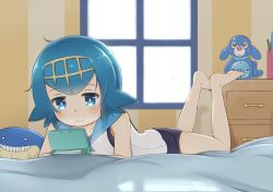 Rule 34 | 1girl, :&gt;, ass, bare arms, bare legs, barefoot, bed, bed sheet, blue hair, blue sailor collar, blush, clock, creatures (company), eye reflection, feet, game freak, gen 3 pokemon, gen 7 pokemon, hair ornament, half-closed eyes, handheld game console, indoors, lana (pokemon), legs, lying, messy hair, meta, nintendo, nintendo 3ds, nintendo ds, objectification, on bed, on stomach, playing games, pokemon, pokemon sm, popplio, reflection, rutorifuki, sailor collar, short hair, sleeveless, smile, solo, swimsuit, swimsuit under clothes, the pose, themed object, wailmer, window