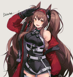 Rule 34 | 1girl, angelina (arknights), angelina (distinguished visitor) (arknights), animal ears, arknights, arm up, bare shoulders, black gloves, black shirt, black shorts, breasts, brown hair, cowboy shot, fang, gloves, hairband, jacket, large breasts, long hair, long sleeves, looking at viewer, multiple straps, nagu, off shoulder, official alternate costume, open clothes, open jacket, open mouth, orange eyes, red jacket, shirt, short shorts, shorts, simple background, sleeveless, sleeveless shirt, smile, solo, strap, twintails, very long hair, white background