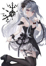 1girl :o absurdres belt black_belt black_choker black_dress black_footwear black_hairband black_thighhighs blush breasts chain cherry choker cleavage commentary_request cuffs detached_sleeves dress ear_piercing earclip earrings food foot_out_of_frame frilled_hairband frills fruit garter_straps grey_hair hairband haruhiruri highres holding holding_food holding_fruit jewelry layered_dress long_hair medium_breasts open_mouth original piercing platform_footwear purple_eyes short_sleeves sleeveless sleeveless_dress solo strapless strapless_dress thighhighs two_side_up very_long_hair white_background