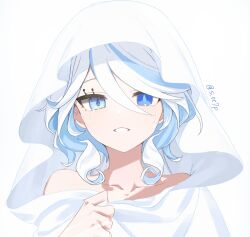 Rule 34 | 1girl, artist name, blue eyes, blue hair, collarbone, commentary, crying, drop-shaped pupils, eyelashes, furina (genshin impact), genshin impact, hair between eyes, hand up, heterochromia, highres, hood, hood up, hooded robe, long hair, looking at viewer, midorinokaibutu4500, mismatched pupils, multicolored hair, parted lips, robe, sidelocks, simple background, solo, streaked hair, swept bangs, symbol-shaped pupils, tears, twitter username, upper body, white background, white hair, white robe
