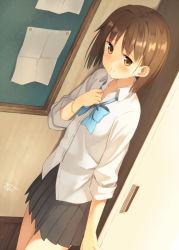 Rule 34 | 10s, 1girl, 2014, blue bow, blue bowtie, blush, bow, bowtie, brown eyes, brown hair, bulletin board, clenched hand, collarbone, dated, door, dress shirt, dutch angle, hand on own chest, kinta (distortion), looking at viewer, original, paper, parted lips, pleated skirt, school uniform, shirt, short hair, signature, skirt, solo, standing, wing collar