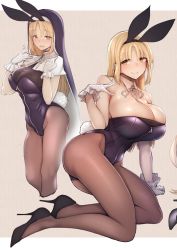 Rule 34 | 2girls, adapted costume, animal ears, bare shoulders, blonde hair, blush, bow, bowtie, breasts, brown legwear, capelet, cleavage, detached collar, gloves, habit, huge breasts, kagami uekusa, leotard, long hair, looking at viewer, multiple girls, nijisanji, pantyhose, parted bangs, playboy bunny, rabbit ears, rabbit tail, see-through, see-through cleavage, simple background, sister claire, sister claire (1st costume), skindentation, smile, strapless, strapless leotard, tail, virtual youtuber, white capelet, white gloves, yellow eyes