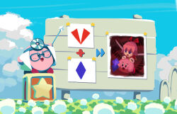 1girl arrow_(symbol) blue-framed_eyewear blue_eyes blue_headband blue_sky blush_stickers brown_footwear bulletin_board cloud colored_skin copy_ability day determined doctor_kirby dress dual_persona fairy fairy_wings field flower flower_field glasses hair_ribbon head_mirror headband highres kirby kirby_(series) kirby_64 lab_coat lifting_person light_blush long_sleeves looking_ahead nintendo open_mouth outdoors photo_(object) pink_hair pink_skin red_dress red_footwear red_ribbon ribbon ribbon_(kirby) shoes short_hair sky smile standing star_(symbol) star_block suyasuyabi tulip v-shaped_eyebrows white_flower white_wrist_cuffs wings wrist_cuffs