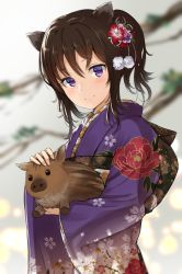 Rule 34 | 1girl, animal, animal ears, blurry, blurry background, blush, branch, brown hair, carrying, chinese zodiac, closed mouth, commentary request, dargo, depth of field, floral print, flower, furisode, hair flower, hair ornament, head tilt, japanese clothes, kimono, light particles, long hair, looking at viewer, original, petting, pig, pom pom (clothes), ponytail, print kimono, purple eyes, purple flower, purple kimono, red flower, sidelocks, smile, solo, standing, upper body, year of the pig