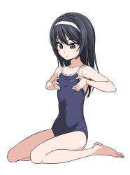 Rule 34 | 10s, 1girl, bare shoulders, black hair, blue one-piece swimsuit, blush, breast conscious, brown eyes, collarbone, competition school swimsuit, flat chest, frown, full body, girls und panzer, hairband, highres, hiroyuki, long hair, looking at breasts, one-piece swimsuit, reizei mako, school swimsuit, simple background, sitting, solo, swimsuit, wariza, white background