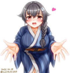 Rule 34 | 1girl, bath yukata, black hair, blue kimono, braid, breasts, collarbone, commentary request, cowboy shot, dated, hair flaps, heart, highres, japanese clothes, jingei (kancolle), kantai collection, kimono, large breasts, long hair, looking at viewer, low ponytail, one-hour drawing challenge, outstretched arms, red eyes, single braid, solo, striped clothes, striped kimono, twitter username, ura tomomi, yukata
