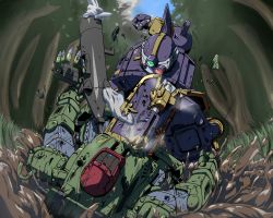 Rule 34 | berserga, bullet, clenched hand, damaged, fighting, forest, hihachi, looking down, mecha, mud, nature, no humans, open hand, pile bunker, robot, soukou kihei votoms, standing tortoise