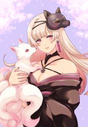 Rule 34 | 1girl, absurdres, animal, bad id, bad pixiv id, bare shoulders, black kimono, black nails, blonde hair, blunt bangs, breasts, cherry blossoms, collarbone, commentary request, earrings, fox, fox mask, gradient hair, highres, holding, holding animal, japanese clothes, jewelry, kimono, kudoukudokudo, large breasts, makurano neena, mask, mask on head, mole, mole under mouth, multicolored hair, multiple tails, nail polish, off shoulder, parted lips, petals, pink eyes, pink hair, production kawaii, single earring, smile, solo, tail, virtual youtuber