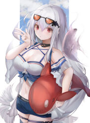 Rule 34 | 1girl, ahoge, arknights, bare shoulders, black choker, blue shorts, breasts, choker, cleavage, commentary, cowboy shot, eyewear on head, hair between eyes, hair ornament, hand up, holding, inflatable orca, inflatable toy, large breasts, long hair, looking at viewer, mujinbensin, navel, no headwear, off-shoulder shirt, off shoulder, official alternate costume, red eyes, revision, shirt, short shorts, short sleeves, shorts, skadi (arknights), skadi (waverider) (arknights), solo, standing, stomach, sunglasses, thigh strap, very long hair, w, whale hair ornament, white hair, white shirt