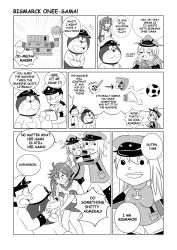 Rule 34 | 10s, 1boy, 3girls, admiral (kancolle), akebono (kancolle), bell, neck bell, bismarck (kancolle), collar, comic, commentary, crossover, crying, doraemon, doraemon (character), english text, flower, flying sweatdrops, glasses, greyscale, hair bell, hair flower, hair ornament, hat, heart, highres, jingle bell, kantai collection, long hair, military, military uniform, monochrome, multiple girls, naval uniform, nobi nobita, non-human admiral (kancolle), peaked cap, pleated skirt, prinz eugen (kancolle), profanity, revision, school uniform, serafuku, side ponytail, skirt, sweatdrop, tearing up, tears, tongue, tongue out, typo, uniform, wangphing