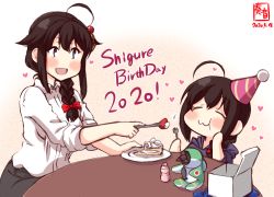 Rule 34 | 2020, 2girls, :3, age comparison, aged down, ahoge, alternate costume, artist logo, birthday, blue eyes, bottle, box, braid, brown hair, cake, cake slice, character name, child, commentary request, dated, dual persona, eating, food, fork, fruit, hair flaps, hair ornament, hair over shoulder, hat, heart, holding, holding fork, kanon (kurogane knights), kantai collection, multiple girls, open mouth, party hat, pastry, shigure (kancolle), single braid, smile, strawberry, table, time paradox