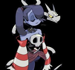 Rule 34 | 1girl, 770mk, asymmetrical hair, black background, black neckwear, black pants, blue skin, closed eyes, colored skin, corset, detached collar, goth fashion, hair over one eye, leviathan (skullgirls), neckwear request, pants, pet, skull, skullgirls, smile, squigly (skullgirls), stitched mouth, stitches, striped sleeves, tail, upper body, yellow eyes, zombie