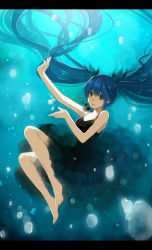 Rule 34 | 1girl, barefoot, blue hair, dress, female focus, floating hair, full body, hatsune miku, letterboxed, long hair, shinkai shoujo (vocaloid), solo, twintails, underwater, very long hair, vocaloid, yunomachi