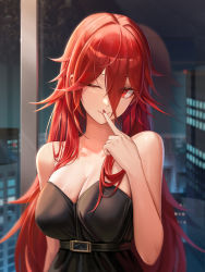 Rule 34 | 1girl, ;), absurdres, bare arms, bare shoulders, black dress, breasts, buckle, city, cleavage, closed mouth, collarbone, cryturtle, dress, finger to mouth, hair between eyes, highres, large breasts, long hair, looking at viewer, nail polish, night, one eye closed, original, red eyes, red hair, red nails, reflection, smile, solo, strapless, strapless dress, underbust, upper body, very long hair, window