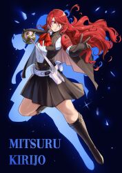 Rule 34 | 1girl, belt, black footwear, black gloves, black skirt, black vest, boots, bow, bowtie, character name, commentary, deliciousbrain, gloves, highres, holding, holding sword, holding weapon, kirijou mitsuru, long hair, looking to the side, miniskirt, persona, persona 3, pleated skirt, rapier, red bow, red bowtie, red eyes, red hair, shirt, skirt, solo, sword, very long hair, vest, weapon, white belt, white shirt