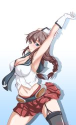 Rule 34 | 1girl, anchor print, arm grab, armpits, arms up, belt, black thighhighs, blue background, blue neckerchief, braid, breasts, brown hair, cleavage, closed mouth, commentary, garter straps, gloves, gradient background, grey belt, hair tie, highres, kantai collection, large breasts, leaning forward, looking at viewer, midriff, miniskirt, navel, neckerchief, noshiro (kancolle), one-hour drawing challenge, pleated skirt, red skirt, sailor collar, shadow, shirt, skirt, sleeveless, sleeveless shirt, smile, solo, standing, stretching, thighhighs, twin braids, twintails, twitter username, white gloves, white shirt, yts takana