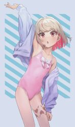 Rule 34 | 1girl, arm up, blonde hair, cameltoe, commentary, fang, highres, jacket, leg tattoo, makaino ririmu, multicolored hair, nijisanji, one-piece swimsuit, open clothes, open jacket, open mouth, pink one-piece swimsuit, red eyes, ribbon, sabamen, short hair, simple background, skin fang, solo, streaked hair, swimsuit, tattoo, virtual youtuber
