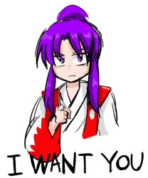 Rule 34 | 1girl, english text, i want you, japanese clothes, meira (touhou), miera, pointing, pointing at viewer, purple eyes, purple hair, touhou, touhou (pc-98)