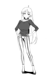 Rule 34 | 1girl, absurdres, ahoge, bocchi the rock!, breasts, choker, closed eyes, collarbone, greyscale, hands on own hips, highres, ijichi seika, kimo otaku (ultimatekikuo3), large breasts, long hair, long sleeves, monochrome, pants, solo, standing, striped clothes, striped pants, vertical-striped clothes, vertical-striped pants, white background