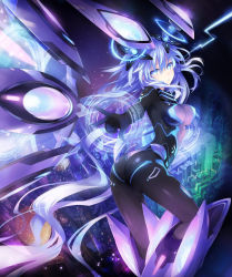 Rule 34 | 10s, 1girl, arched back, ass, blue eyes, blue hair, bodysuit, breasts, building, cityscape, gloves, gradient background, hair between eyes, headgear, highres, long hair, looking at viewer, looking back, magic circle, magical girl, matching hair/eyes, mechanical wings, neon trim, neptune (neptunia), neptune (series), next purple, non-web source, official art, open mouth, outstretched arm, purple hair, purple heart (neptunia), shin jigen game neptune vii, solo, standing, symbol-shaped pupils, tsunako, twintails, very long hair, wings