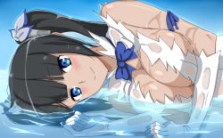 Rule 34 | 1girl, arm ribbon, bare shoulders, black hair, blue bow, blue eyes, blue neckwear, blue ribbon, blue sky, blush, bow, breasts, cleavage, closed mouth, collarbone, commentary request, dress, dungeon ni deai wo motomeru no wa machigatteiru darou ka, ero daisuki, gloves, hair between eyes, hair ribbon, hestia (danmachi), highres, large breasts, long hair, looking at viewer, lying, lying on water, ocean, partially submerged, pencil dress, rei no himo, ribbon, see-through, short dress, sidelocks, sky, sleeveless, sleeveless dress, smile, solo, sparkle, twintails, very long hair, water, wet, wet clothes, wet dress, wet hair, white dress, white gloves