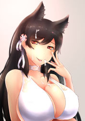 Rule 34 | 1girl, animal ears, atago (azur lane), atago (summer march) (azur lane), azur lane, bikini, bikini top only, breasts, choker, commentary request, cum, cum on body, cum on hair, cum on upper body, facial, hair ribbon, heart, heart-shaped pupils, large breasts, looking at viewer, mole, mole under eye, nawate (dij), red eyes, ribbon, solo, swimsuit, symbol-shaped pupils, tongue, tongue out, white ribbon