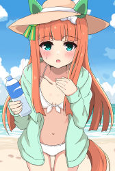 Rule 34 | 1girl, animal ears, beach, bikini, blush, bottle, breasts, cloud, collarbone, commentary request, hat, highres, himawari (sunflower7373), horse ears, horse girl, horse tail, long hair, looking at viewer, navel, ocean, open mouth, orange hair, outdoors, sand, silence suzuka (umamusume), sky, small breasts, solo, straw hat, swimsuit, tail, umamusume, water, water bottle