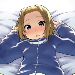 Rule 34 | 1girl, aaaa (quad-a), arms up, bad id, bad pixiv id, bed sheet, blush, brown eyes, brown hair, d:, full-face blush, hairband, highres, jacket, k-on!, looking up, lying, on back, open mouth, short hair, solo, tainaka ritsu, track jacket
