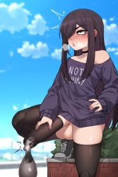 Rule 34 | 1boy, absurdres, black choker, black eyes, black hair, black thighhighs, blue sky, blurry, blurry background, blush, borrowed character, choker, clothes writing, collarbone, condom, condom on penis, cum, ear blush, ejaculation, hair over one eye, hand on own hip, highres, huge penis, in (ain), long hair, long sleeves, male focus, nose blush, original, outdoors, penis, roland (ms pigtails), rolling eyes, shoes, sidelocks, sky, sneakers, solo, testicles, thighhighs, trap, used condom, used condom on penis