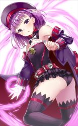Rule 34 | 1girl, ass, bare shoulders, beret, black thighhighs, blush, bow, bowtie, detached sleeves, fate/grand order, fate (series), hat, helena blavatsky (fate), helena blavatsky (third ascension) (fate), looking at viewer, open mouth, panties, purple eyes, purple hair, revision, shimo (shimo 00), short hair, solo, strapless, thighhighs, underwear, white bow
