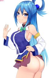 Rule 34 | 1girl, aqua (konosuba), ass, bare shoulders, blue eyes, blue hair, blush, bow, breasts, clothes lift, commentary, detached sleeves, green bow, hair ornament, hair rings, highres, kono subarashii sekai ni shukufuku wo!, large breasts, long hair, long sleeves, looking at viewer, no panties, rinse 7, simple background, skirt, skirt lift, smile, solo, very long hair, white background
